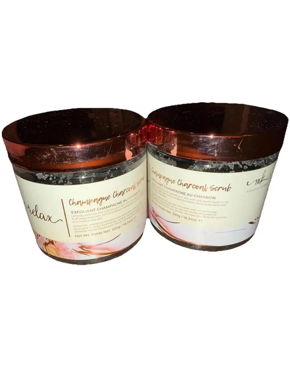 Lot Of Two (2) Manna Kadar Relax Champagne Charcoal Scrub New Sealed 18.34 oz